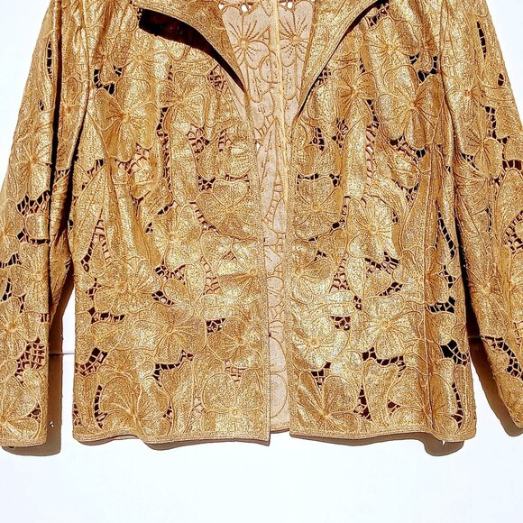 Carlisle Women's Collar Blazer Size 10 Gold Floral Lace Linen Blend 3/4 Sleeves - Picture 3 of 11